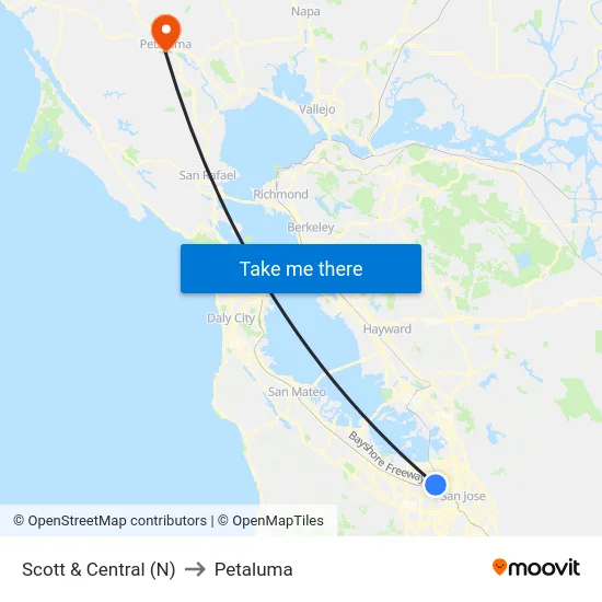 Scott & Central (N) to Petaluma map