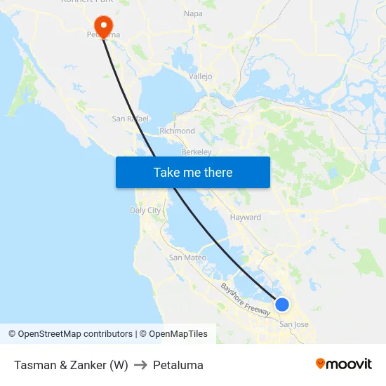 Tasman & Zanker (W) to Petaluma map