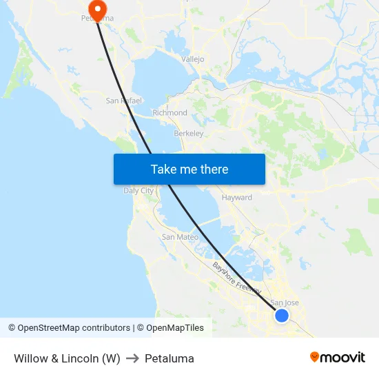 Willow & Lincoln (W) to Petaluma map