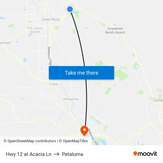 Hwy 12 at Acacia Ln to Petaluma map