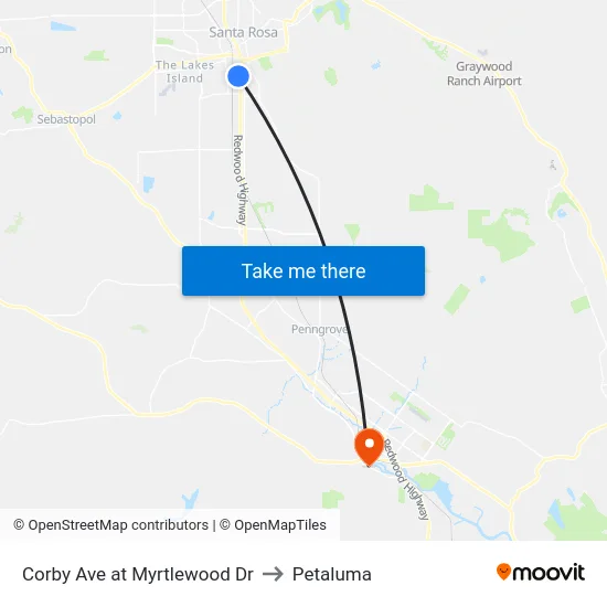 Corby Ave at Myrtlewood Dr to Petaluma map