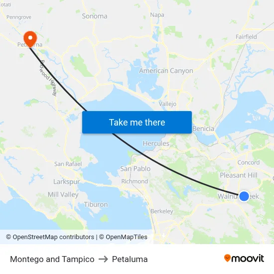 Montego and Tampico to Petaluma map