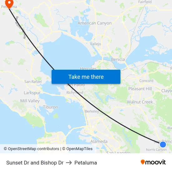 Sunset Dr and Bishop Dr to Petaluma map