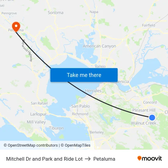 Mitchell Dr and Park and Ride Lot to Petaluma map