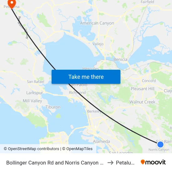 Bollinger Canyon Rd and Norris Canyon Rd to Petaluma map