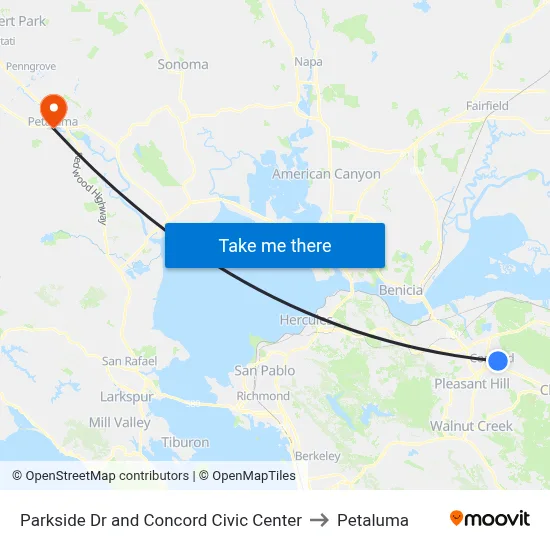 Parkside Dr and Concord Civic Center to Petaluma map