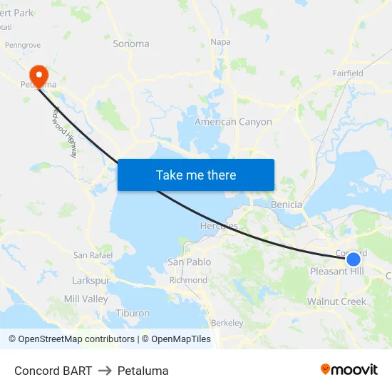 Concord BART to Petaluma map