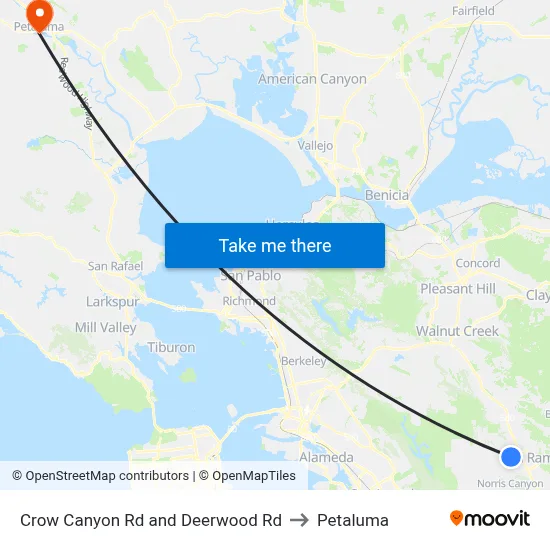 Crow Canyon Rd and Deerwood Rd to Petaluma map