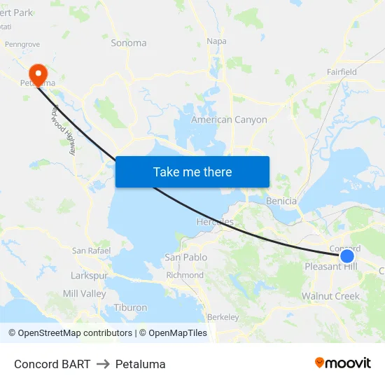 Concord BART to Petaluma map