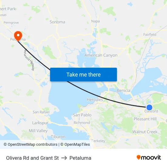 Olivera Rd and Grant St to Petaluma map