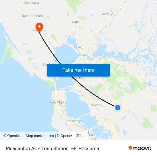 Pleasanton ACE Train Station to Petaluma map