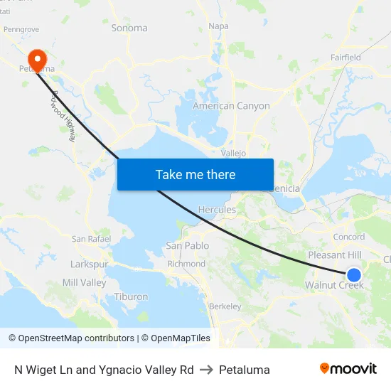 N Wiget Ln and Ygnacio Valley Rd to Petaluma map