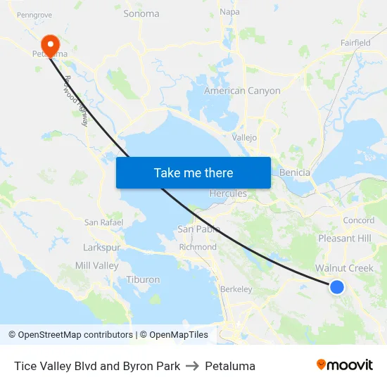 Tice Valley Blvd and Byron Park to Petaluma map