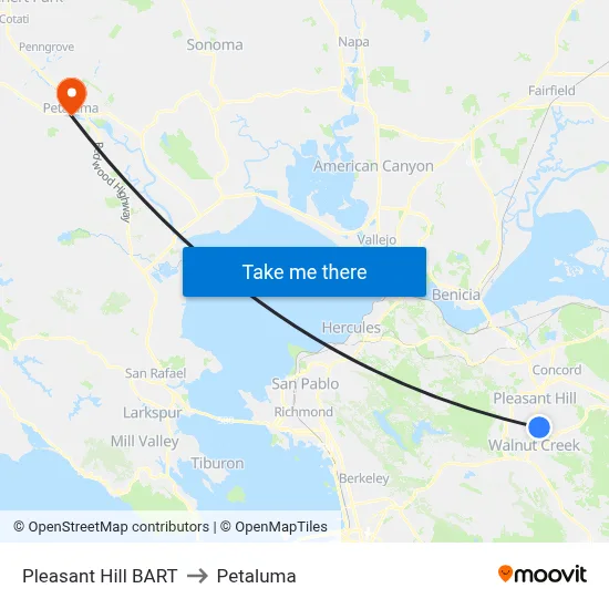 Pleasant Hill BART to Petaluma map