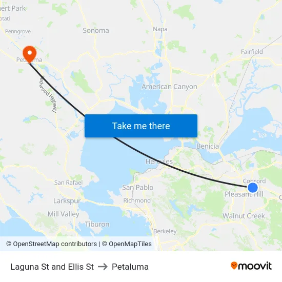 Laguna St and Ellis St to Petaluma map