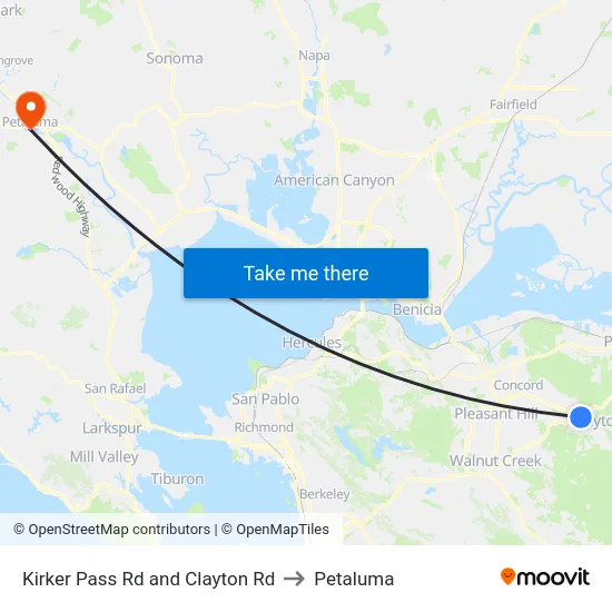 Kirker Pass Rd and Clayton Rd to Petaluma map