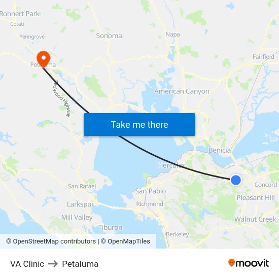 VA Clinic to Petaluma map