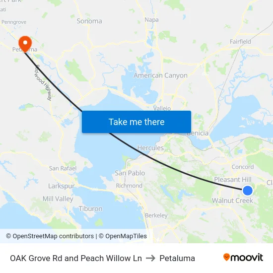 OAK Grove Rd and Peach Willow Ln to Petaluma map