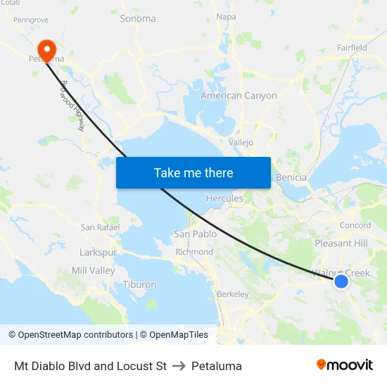 Mt Diablo Blvd and Locust St to Petaluma map