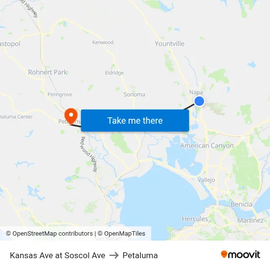 Kansas Ave at Soscol Ave to Petaluma map