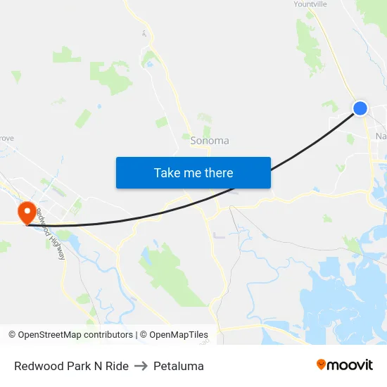 Redwood Park N Ride to Petaluma map