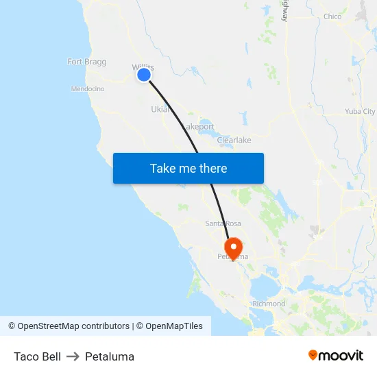 Taco Bell to Petaluma map