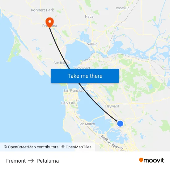 Fremont to Petaluma map