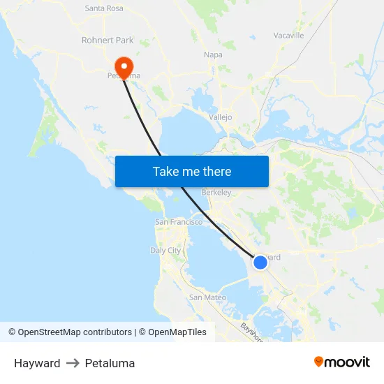 Hayward to Petaluma map