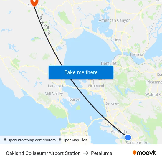 Oakland Coliseum/Airport Station to Petaluma map