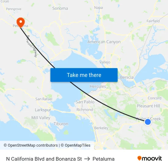 N California Blvd and Bonanza St to Petaluma map