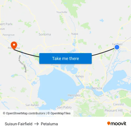 Suisun-Fairfield to Petaluma map
