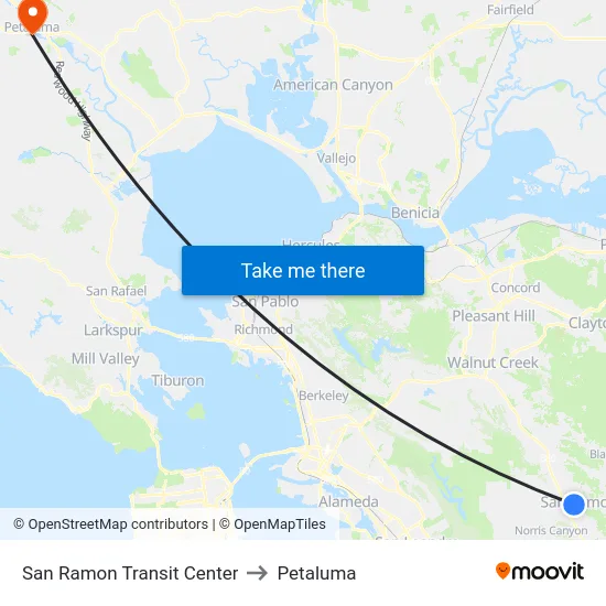 San Ramon Transit Center to Petaluma map