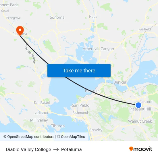 Diablo Valley College to Petaluma map