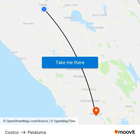 Costco to Petaluma map