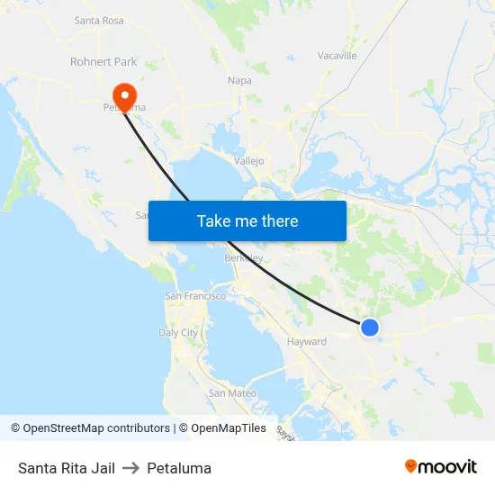 Santa Rita Jail to Petaluma map