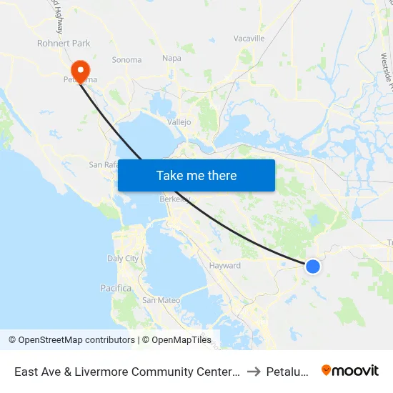 East Ave & Livermore Community Center EB to Petaluma map