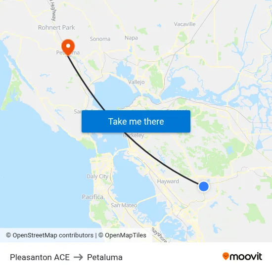 Pleasanton ACE to Petaluma map