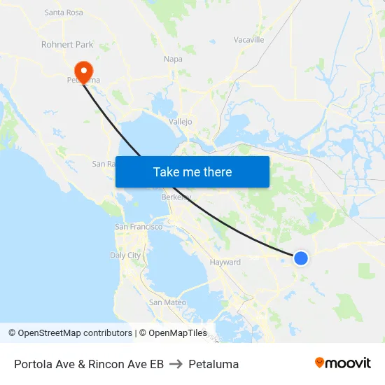 Portola Ave & Rincon Ave EB to Petaluma map