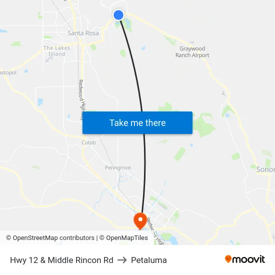 Hwy 12 & Middle Rincon Rd to Petaluma map