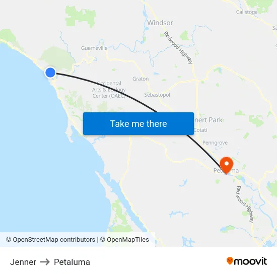 Jenner to Petaluma map