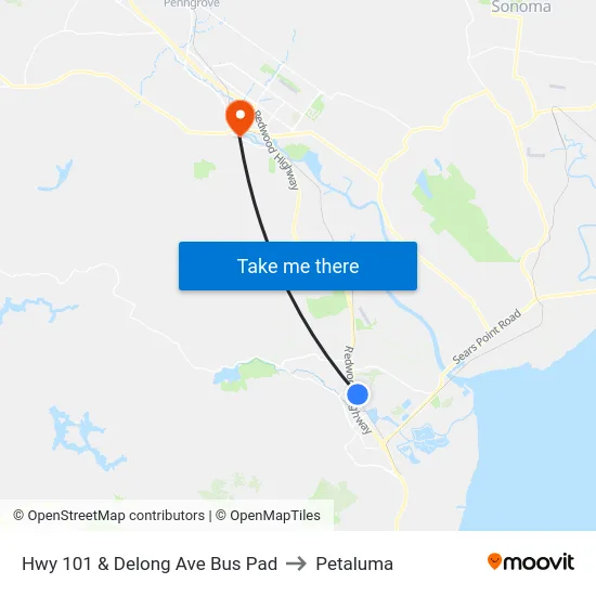 Hwy 101 & Delong Ave Bus Pad to Petaluma map
