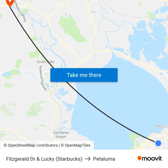 Fitzgerald Dr & Lucky (Starbucks) to Petaluma map
