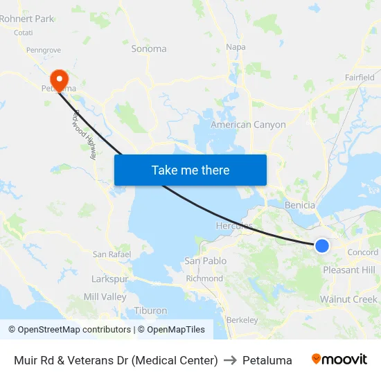 Muir Rd & Veterans Dr (Medical Center) to Petaluma map
