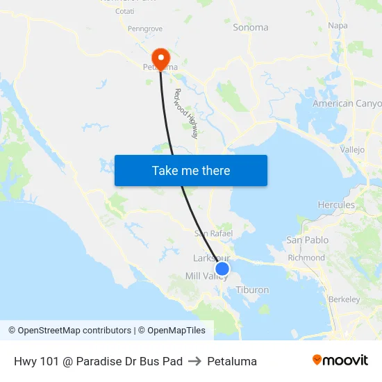 Hwy 101 @ Paradise Dr Bus Pad to Petaluma map