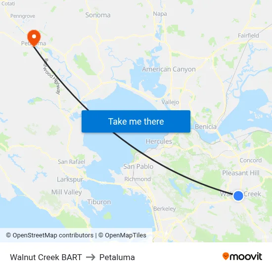 Walnut Creek BART to Petaluma map