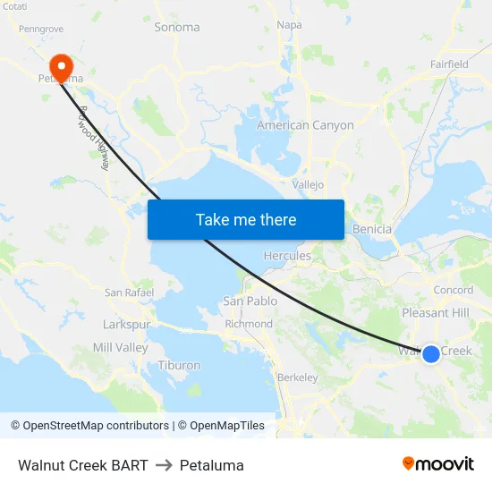 Walnut Creek BART to Petaluma map