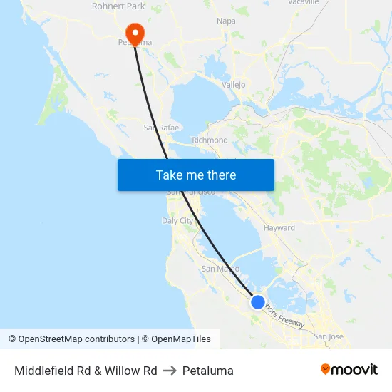 Middlefield Rd & Willow Rd to Petaluma map