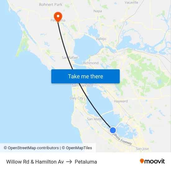 Willow Rd & Hamilton Av to Petaluma map
