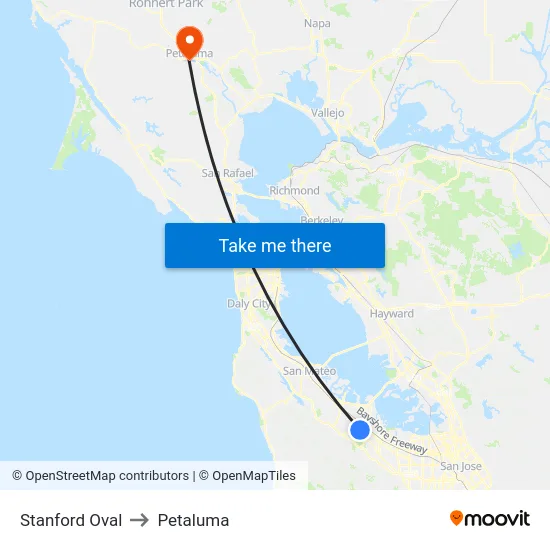 Stanford Oval to Petaluma map