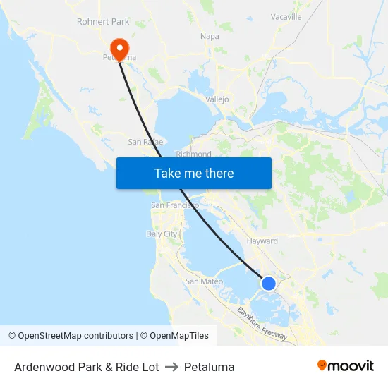 Ardenwood Park & Ride Lot to Petaluma map